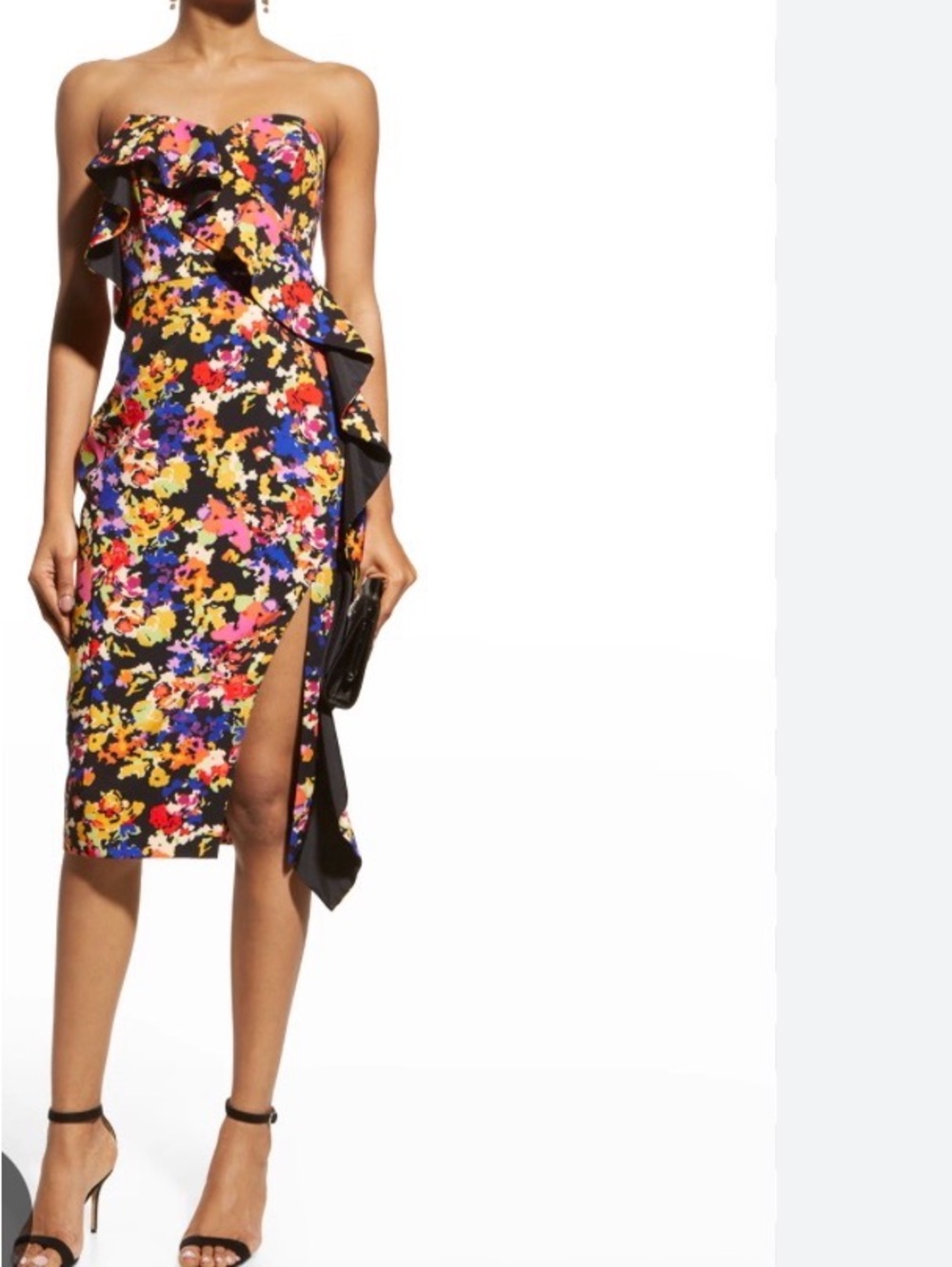 Aiden Strapless Black Floral Ruffle Midi Dress